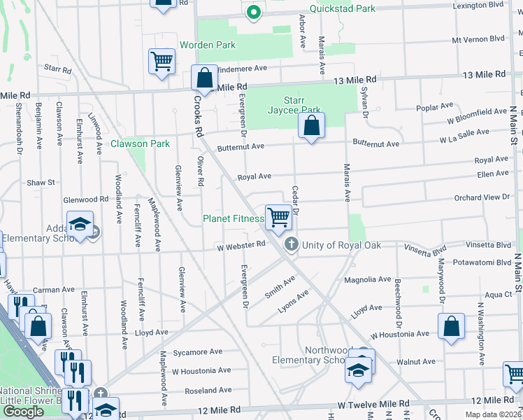 map of restaurants, bars, coffee shops, grocery stores, and more near 2734 Crooks Road in Royal Oak