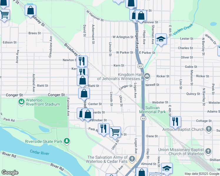 map of restaurants, bars, coffee shops, grocery stores, and more near 725 Lincoln Street in Waterloo