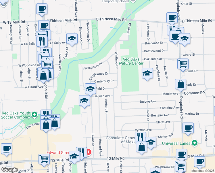 map of restaurants, bars, coffee shops, grocery stores, and more near 903 Sheffield Dr in Madison Heights
