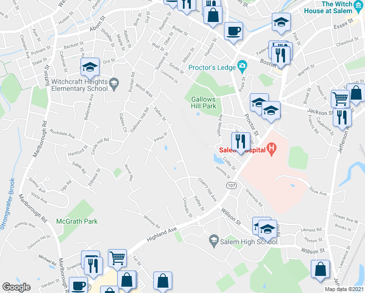 map of restaurants, bars, coffee shops, grocery stores, and more near 51 Valley Street in Salem