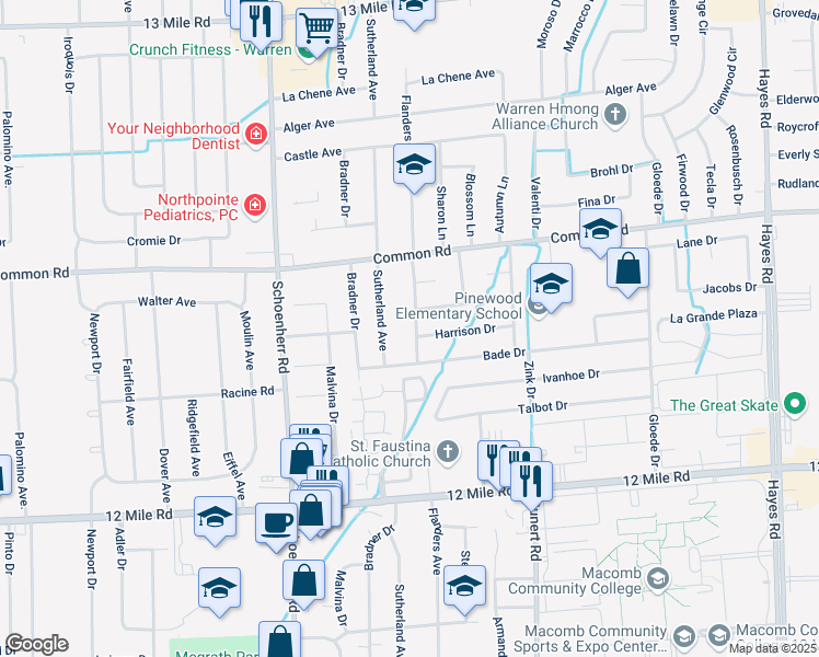 map of restaurants, bars, coffee shops, grocery stores, and more near 29707 Flanders Avenue in Warren
