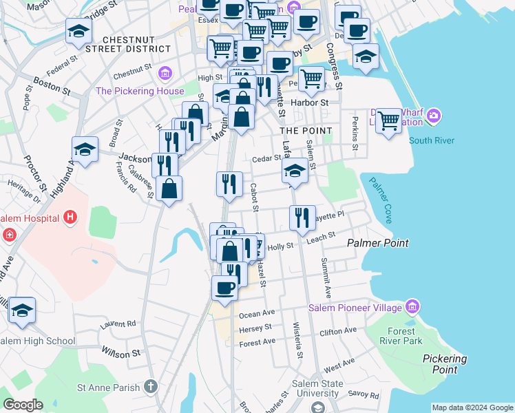 map of restaurants, bars, coffee shops, grocery stores, and more near 25 Cabot Street in Salem