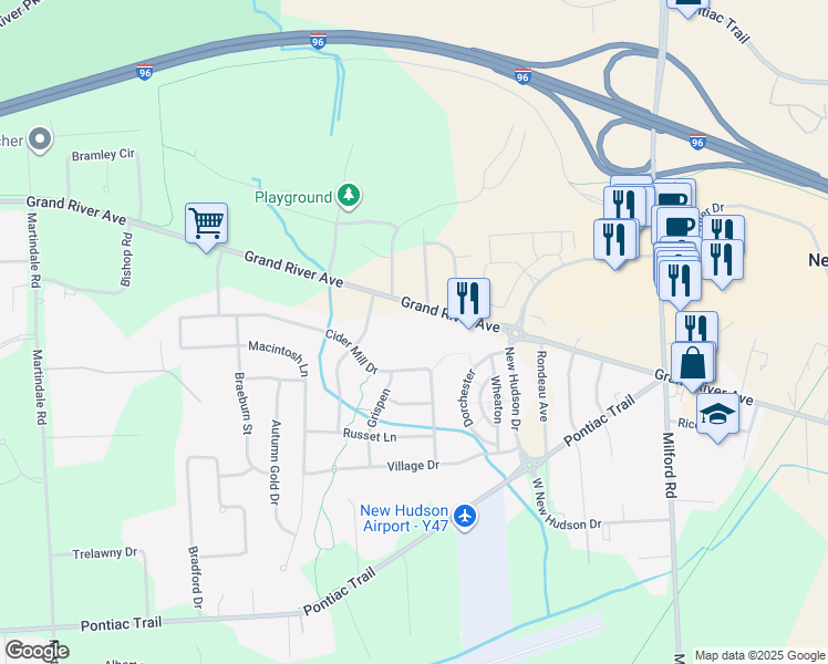 map of restaurants, bars, coffee shops, grocery stores, and more near 57889 Grand River Avenue in Lyon Charter Township