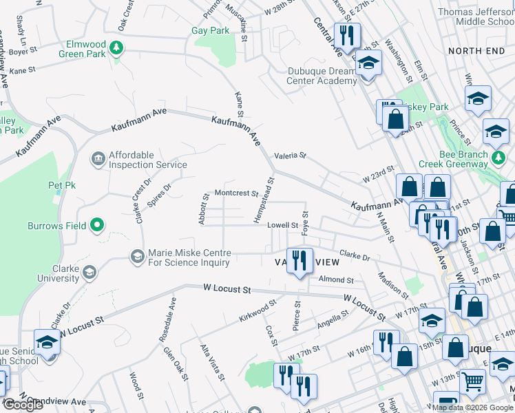 map of restaurants, bars, coffee shops, grocery stores, and more near 2325 Hempstead St in Dubuque