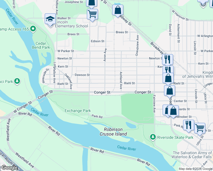 map of restaurants, bars, coffee shops, grocery stores, and more near 867 Riehl Street in Waterloo
