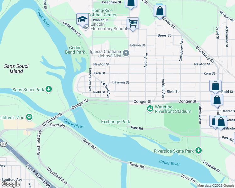 map of restaurants, bars, coffee shops, grocery stores, and more near 1051 Riehl Street in Waterloo