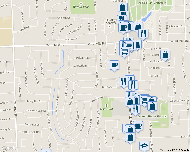 map of restaurants, bars, coffee shops, grocery stores, and more near 30247 Northgate Drive in Southfield