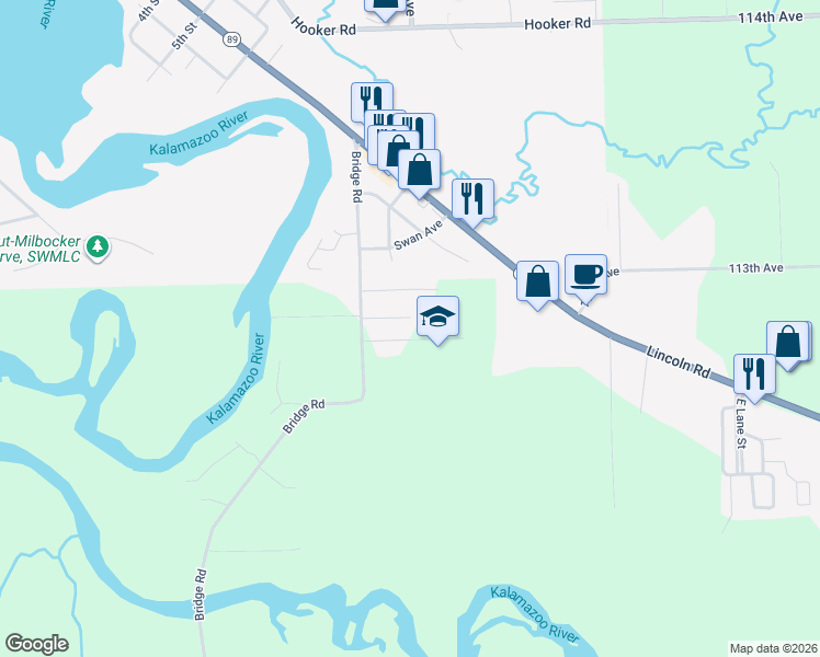 map of restaurants, bars, coffee shops, grocery stores, and more near 2977 Oaktree Lane in Allegan