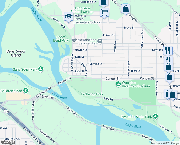 map of restaurants, bars, coffee shops, grocery stores, and more near 1051 Riehl St in Waterloo