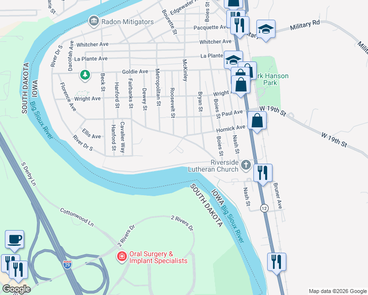 map of restaurants, bars, coffee shops, grocery stores, and more near 1040 Florence Avenue in Sioux City