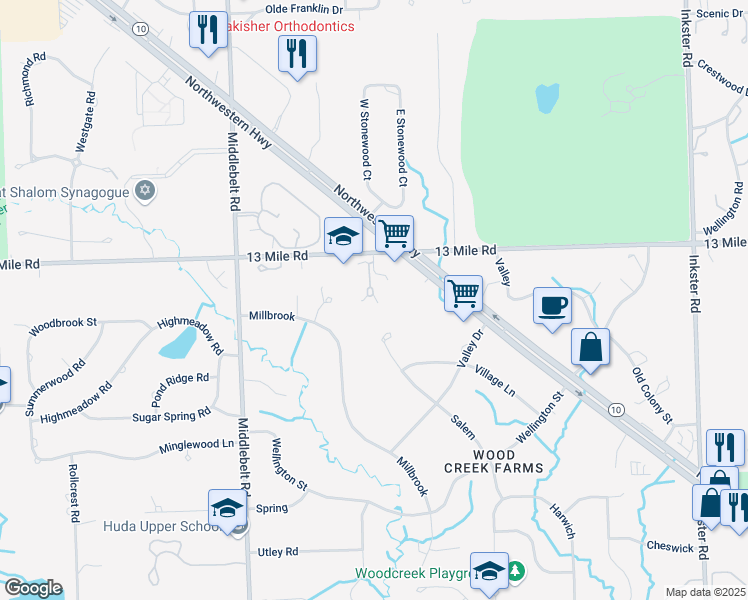 map of restaurants, bars, coffee shops, grocery stores, and more near 29400 Windmill Court in Farmington Hills