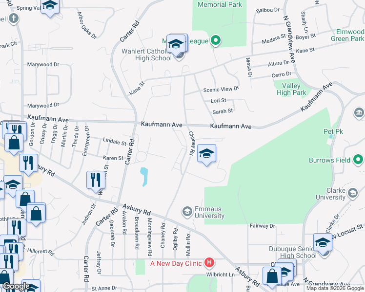 map of restaurants, bars, coffee shops, grocery stores, and more near 2353 Coventry Park Circle in Dubuque