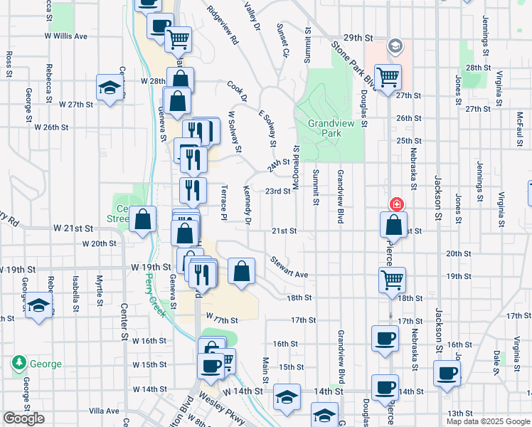 map of restaurants, bars, coffee shops, grocery stores, and more near 2121 Heights Avenue in Sioux City