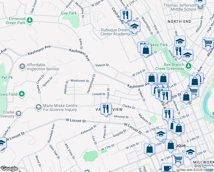 map of restaurants, bars, coffee shops, grocery stores, and more near 2295 Foye Street in Dubuque