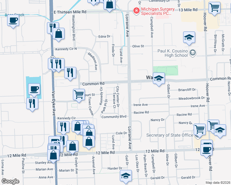 map of restaurants, bars, coffee shops, grocery stores, and more near 29930 Terrace Court in Warren