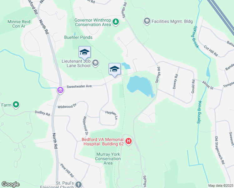 map of restaurants, bars, coffee shops, grocery stores, and more near 77 Sweetwater Avenue in Bedford