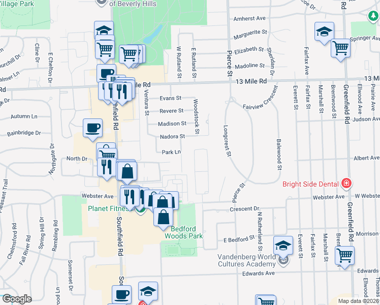 map of restaurants, bars, coffee shops, grocery stores, and more near 30119 Sparkleberry Drive in Southfield