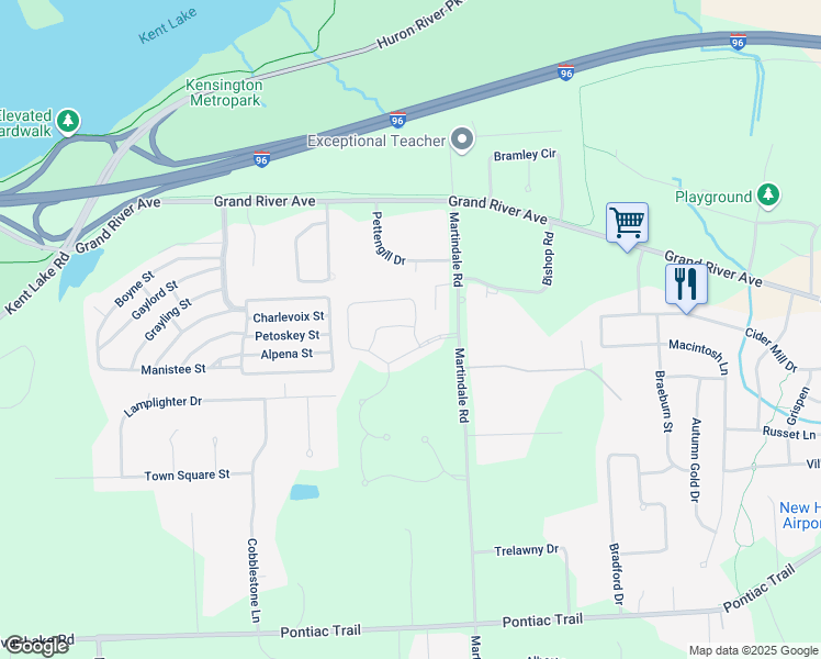 map of restaurants, bars, coffee shops, grocery stores, and more near 59602 Twin Pines Drive in Lyon Charter Township