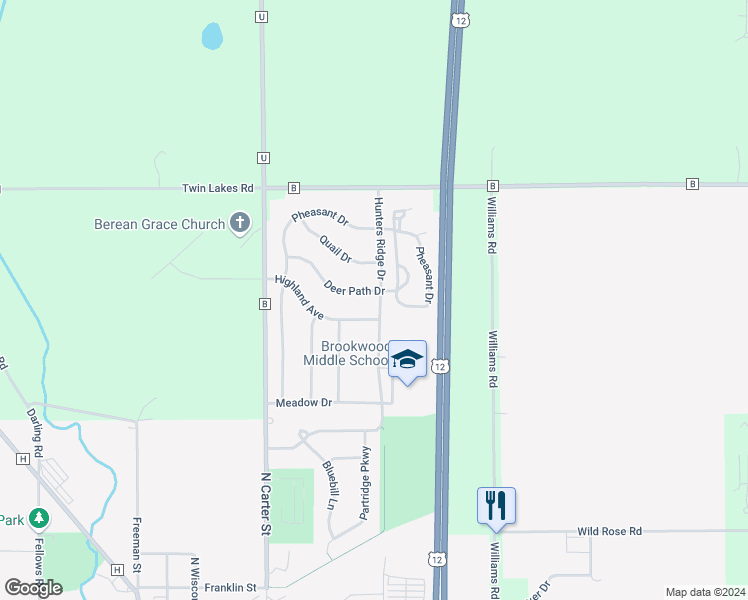 map of restaurants, bars, coffee shops, grocery stores, and more near 239 Deer Path Dr in Genoa City