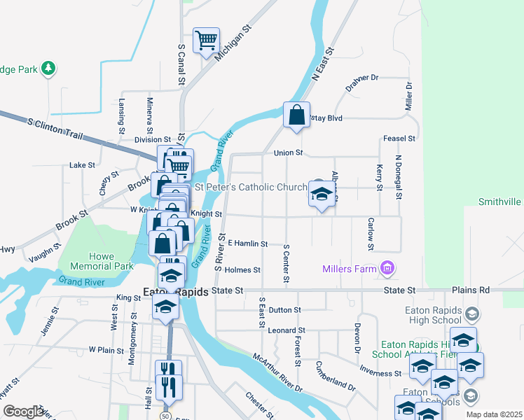 map of restaurants, bars, coffee shops, grocery stores, and more near 123 North East Street in Eaton Rapids