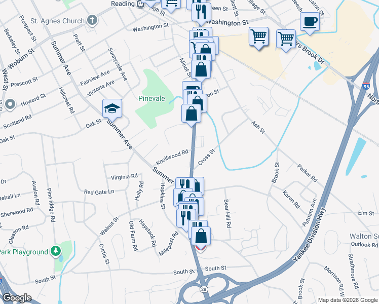 map of restaurants, bars, coffee shops, grocery stores, and more near 234 Main Street in Reading