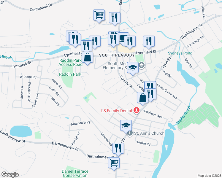map of restaurants, bars, coffee shops, grocery stores, and more near 20 Arnold Road in Peabody