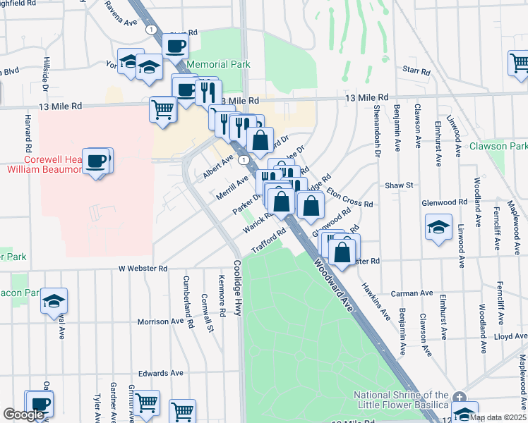 map of restaurants, bars, coffee shops, grocery stores, and more near 3116 Warick Road in Royal Oak