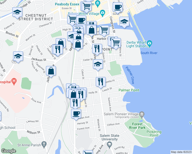 map of restaurants, bars, coffee shops, grocery stores, and more near 208 Lafayette Street in Salem
