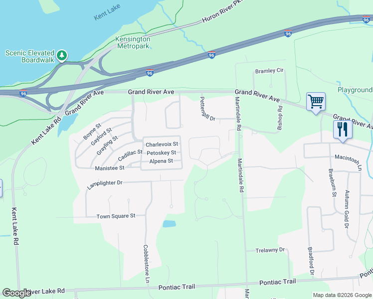 map of restaurants, bars, coffee shops, grocery stores, and more near 59699 Twin Pines Drive in Lyon Charter Township