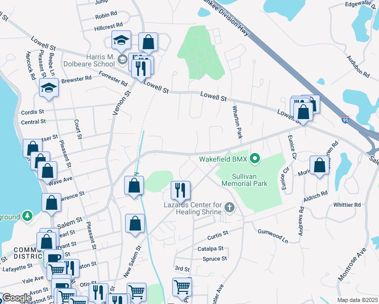 map of restaurants, bars, coffee shops, grocery stores, and more near 189 Salem Street in Wakefield