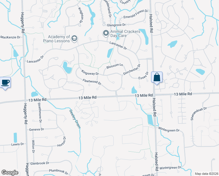 map of restaurants, bars, coffee shops, grocery stores, and more near 37649 Dorchester Drive in Farmington Hills