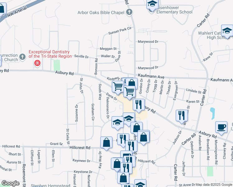 map of restaurants, bars, coffee shops, grocery stores, and more near 3385 Asbury Road in Dubuque