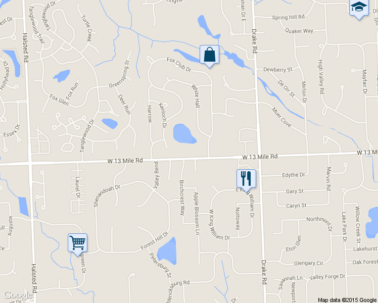 map of restaurants, bars, coffee shops, grocery stores, and more near 35972 West 13 Mile Road in Farmington Hills