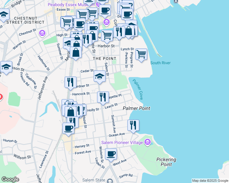 map of restaurants, bars, coffee shops, grocery stores, and more near 80 Salem Street in Salem