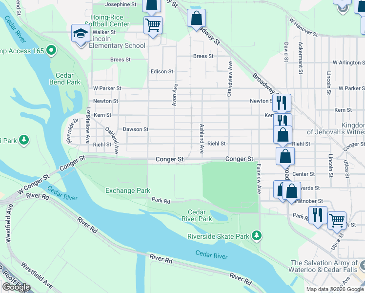map of restaurants, bars, coffee shops, grocery stores, and more near 867 Riehl Street in Waterloo
