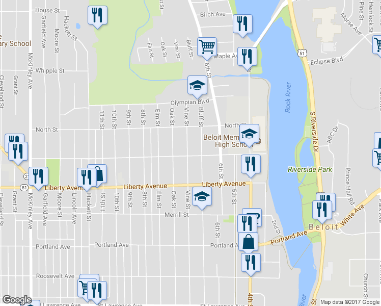 map of restaurants, bars, coffee shops, grocery stores, and more near 1203 Vine Street in Beloit