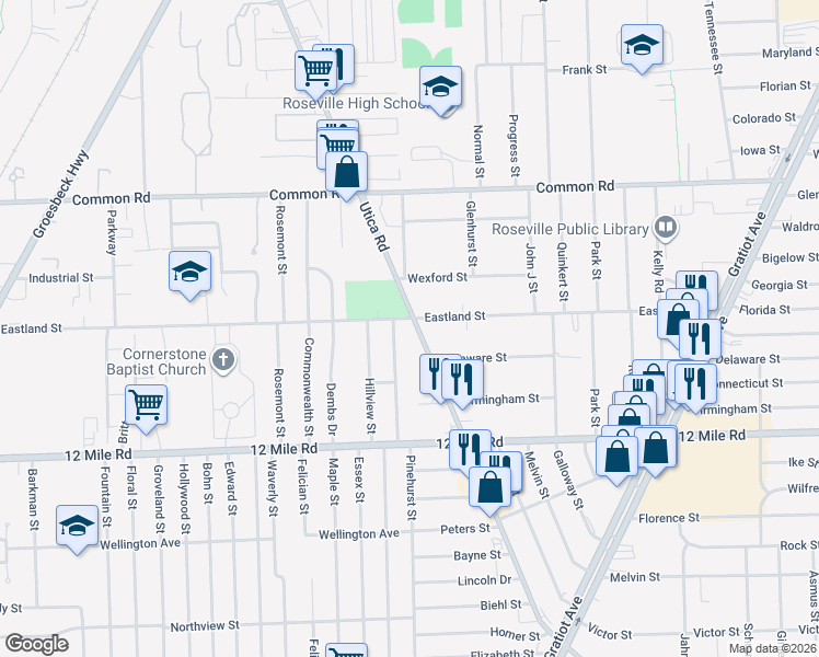 map of restaurants, bars, coffee shops, grocery stores, and more near 29363 Utica Rd in Roseville