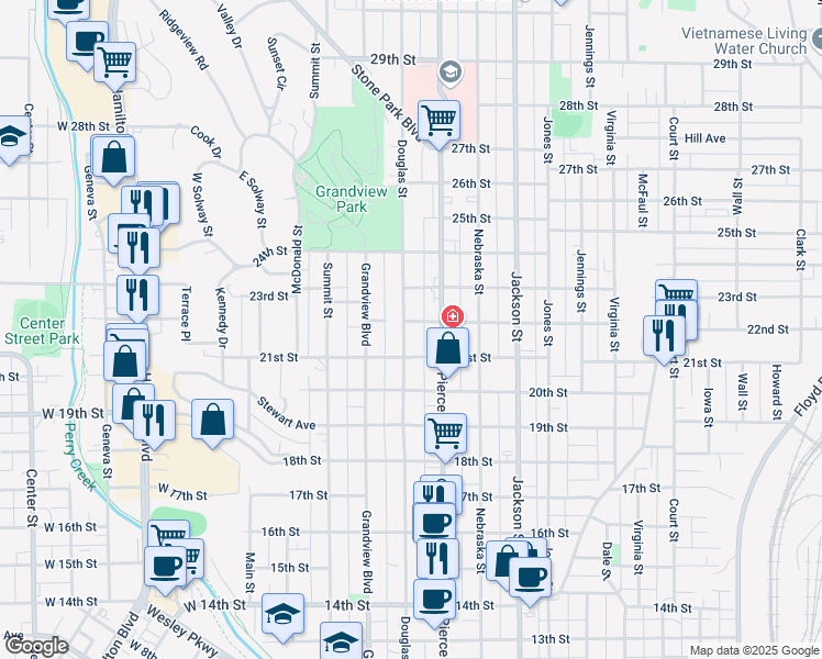 map of restaurants, bars, coffee shops, grocery stores, and more near 2118 Douglas Street in Sioux City