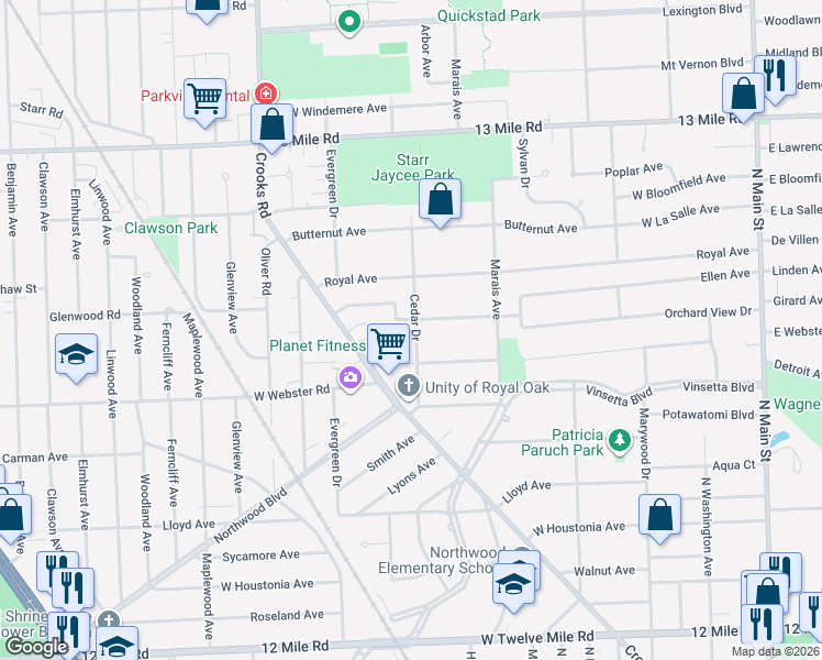 map of restaurants, bars, coffee shops, grocery stores, and more near 1137 Hickory Avenue in Royal Oak