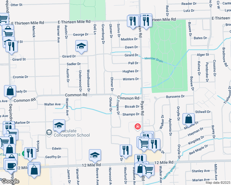 map of restaurants, bars, coffee shops, grocery stores, and more near 30006 Ohmer Drive in Warren
