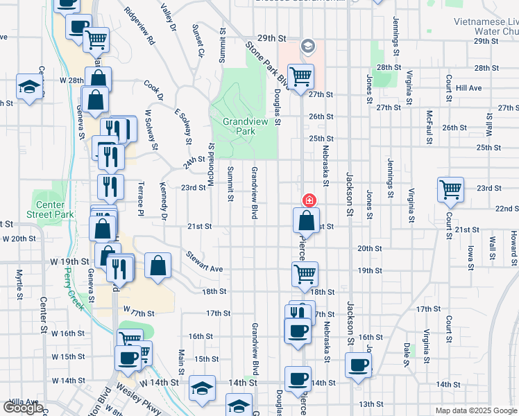 map of restaurants, bars, coffee shops, grocery stores, and more near 2126 Grandview Boulevard in Sioux City