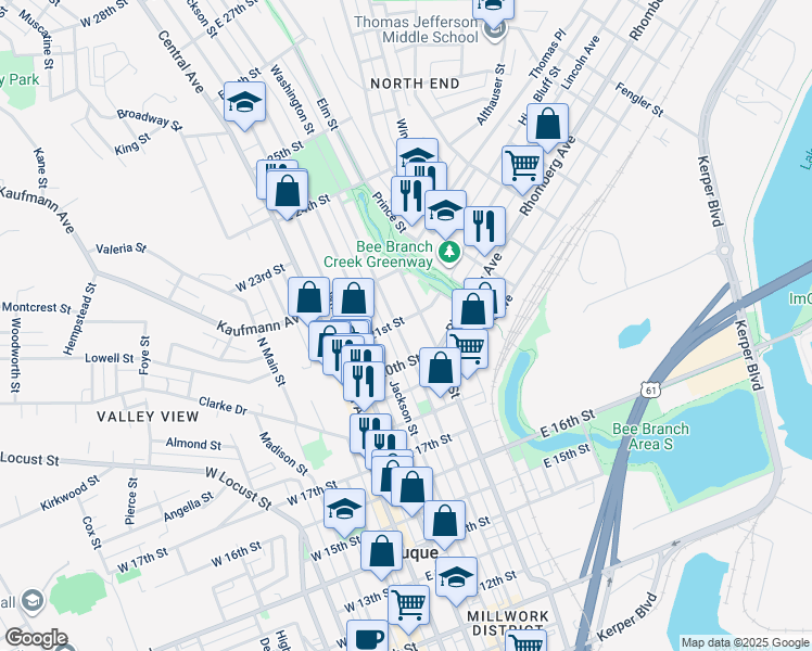 map of restaurants, bars, coffee shops, grocery stores, and more near 2064 Washington St in Dubuque