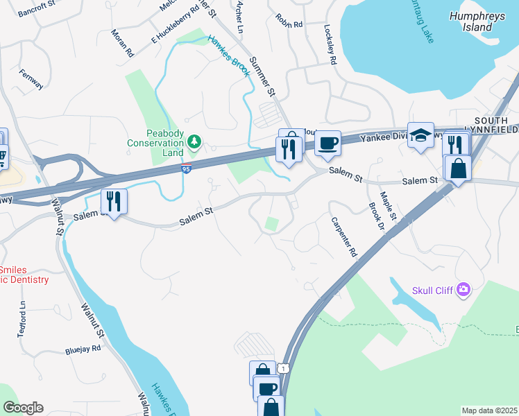 map of restaurants, bars, coffee shops, grocery stores, and more near 525 Salem Street in Lynnfield