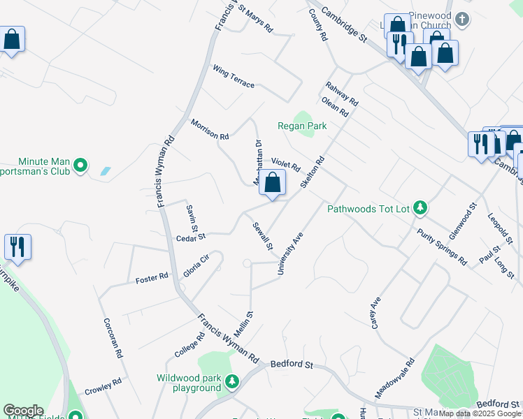 map of restaurants, bars, coffee shops, grocery stores, and more near 17 Cedar Street in Burlington