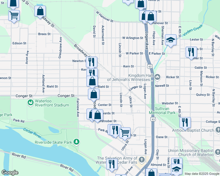map of restaurants, bars, coffee shops, grocery stores, and more near 725 Columbia Street in Waterloo