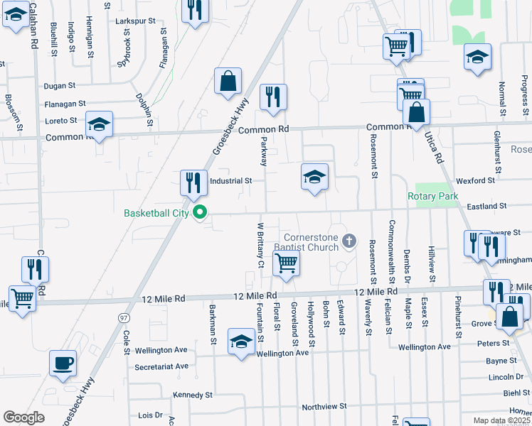 map of restaurants, bars, coffee shops, grocery stores, and more near 22500 Parkway in Roseville