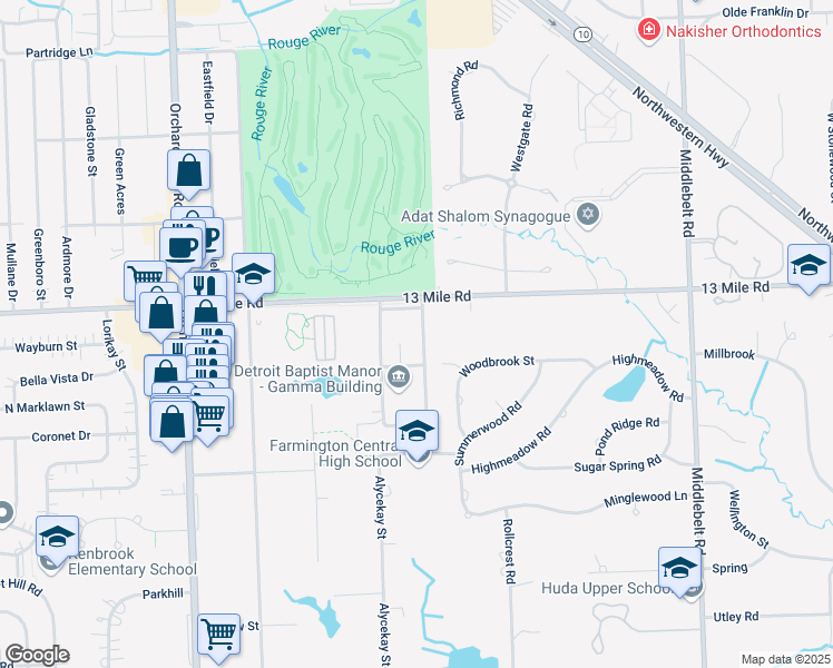 map of restaurants, bars, coffee shops, grocery stores, and more near 3025 Detroit Baptist in Farmington Hills