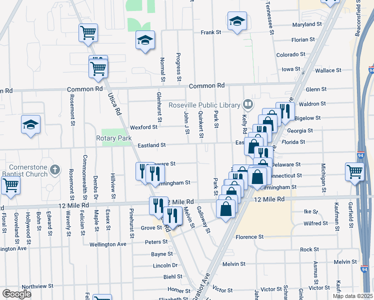 map of restaurants, bars, coffee shops, grocery stores, and more near 18050 Eastland St in Roseville