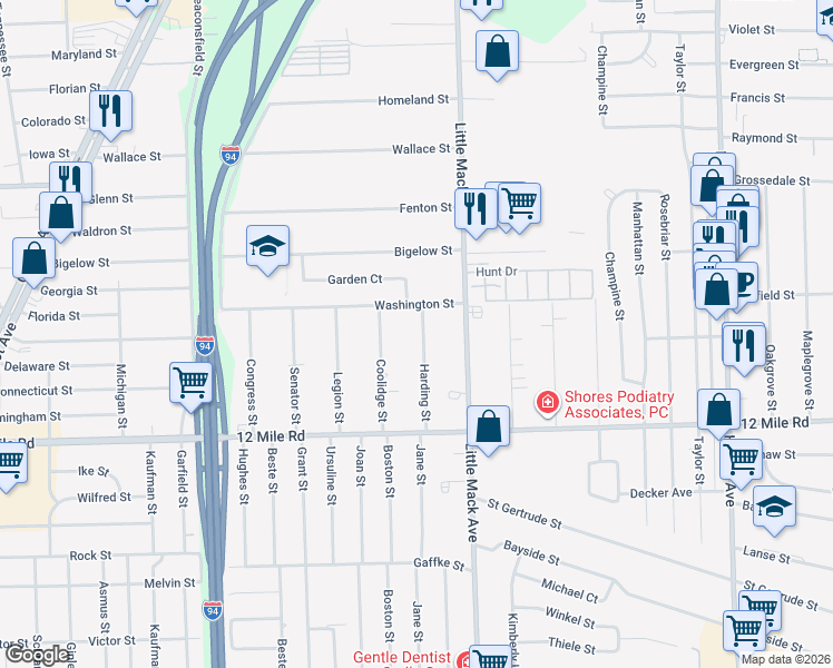 map of restaurants, bars, coffee shops, grocery stores, and more near 29290 Coolidge Street in Roseville