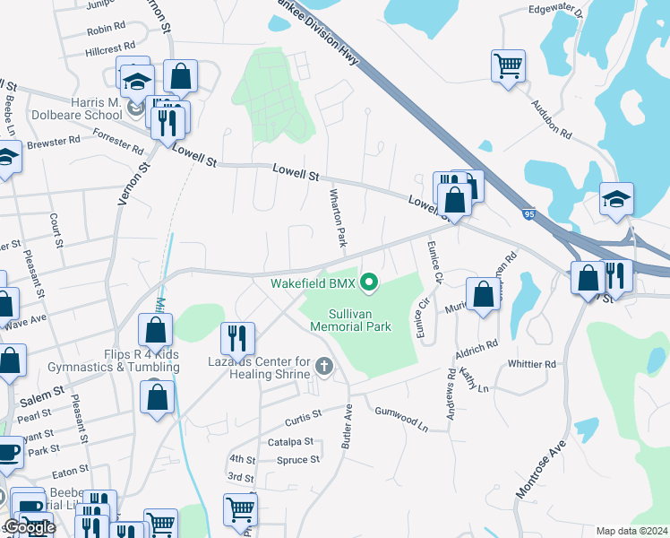map of restaurants, bars, coffee shops, grocery stores, and more near 266 Salem Street in Wakefield